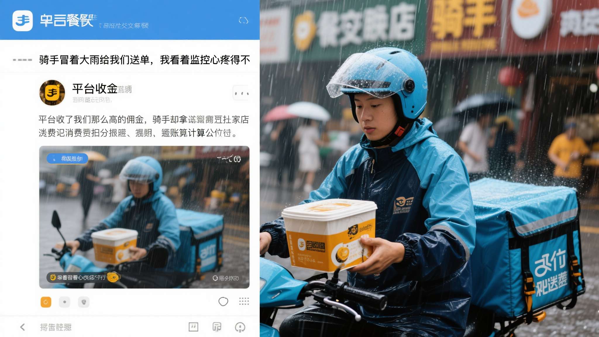 某餐饮品牌店主曾在社交平台发文表示："骑手冒着大雨给我们送单，我看着监控心疼得不